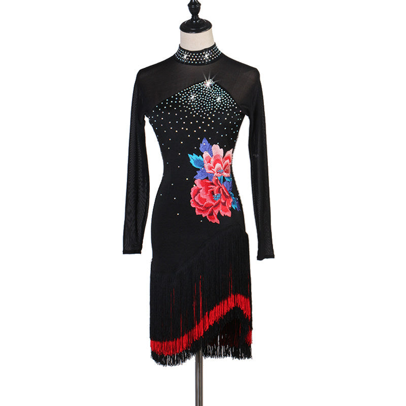 Black latin dance dress front view showing the stoned collar and crystal scatter