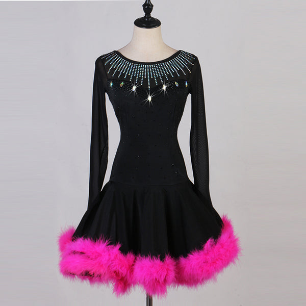 Black latin dance dress with crystal neckline band and pink marabou feather hem