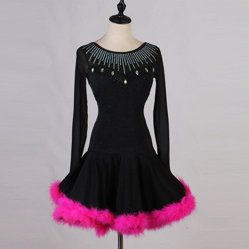 Black feather hem latin dance dress angled view showing the crystal collar