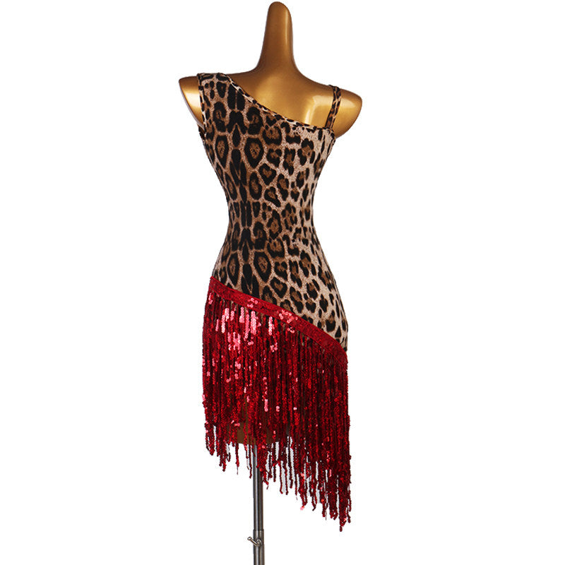 Leopard print latin dance dress front view showing the asymmetric straps