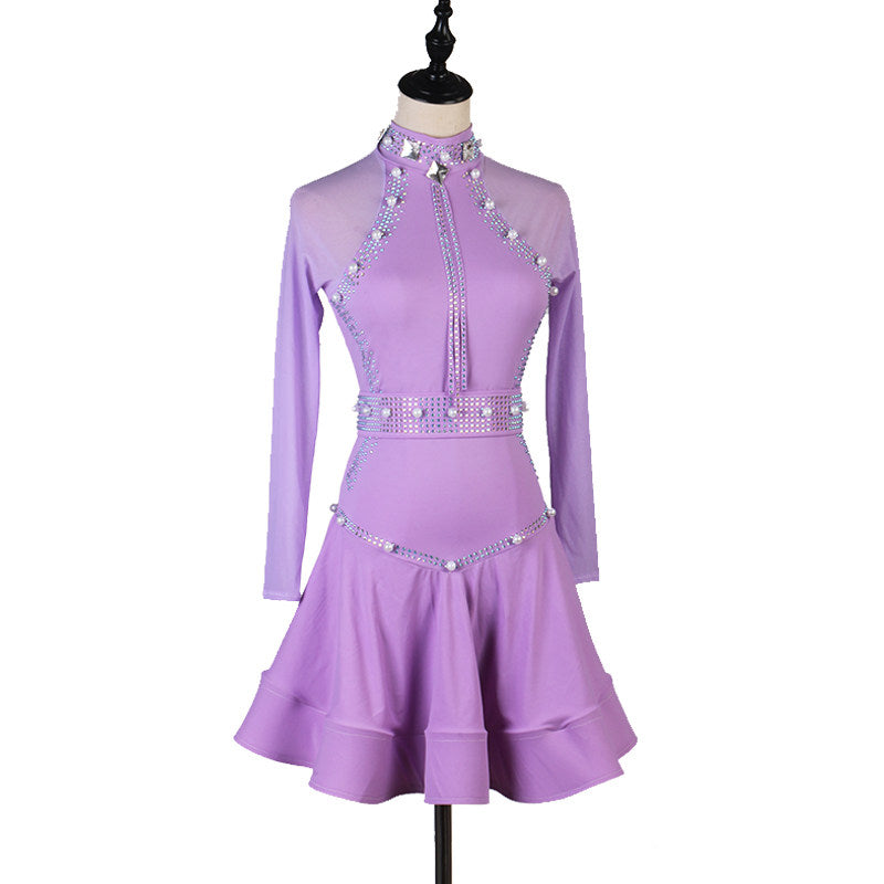 Lilac pearl trim latin dance dress angled view showing the double layer hem