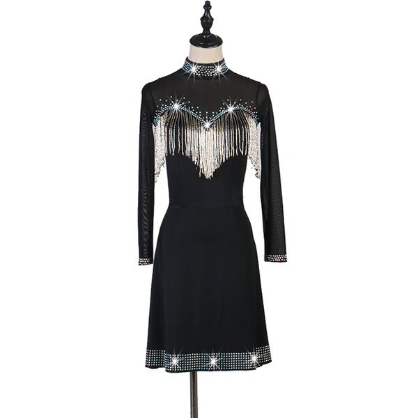 Black latin dance dress with silver bead fringe V and stone studded hem band