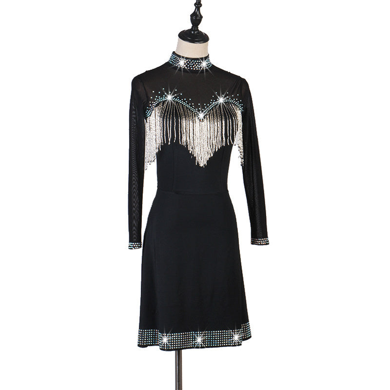 Black bead fringe latin dance dress angled view showing the stoned collar