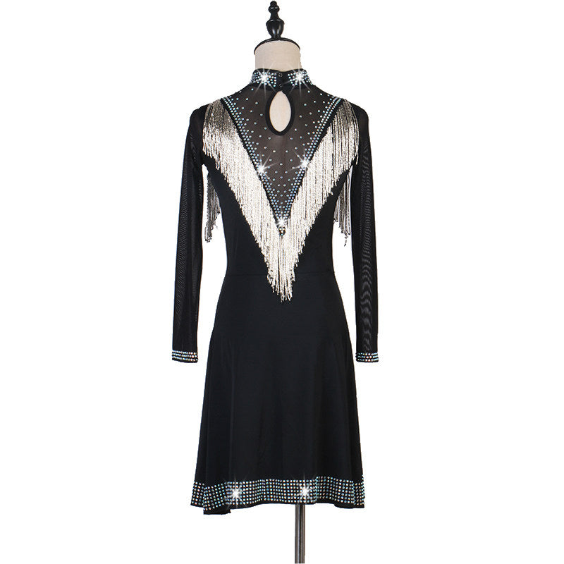 Black bead fringe latin dance dress rear view showing the open oval back