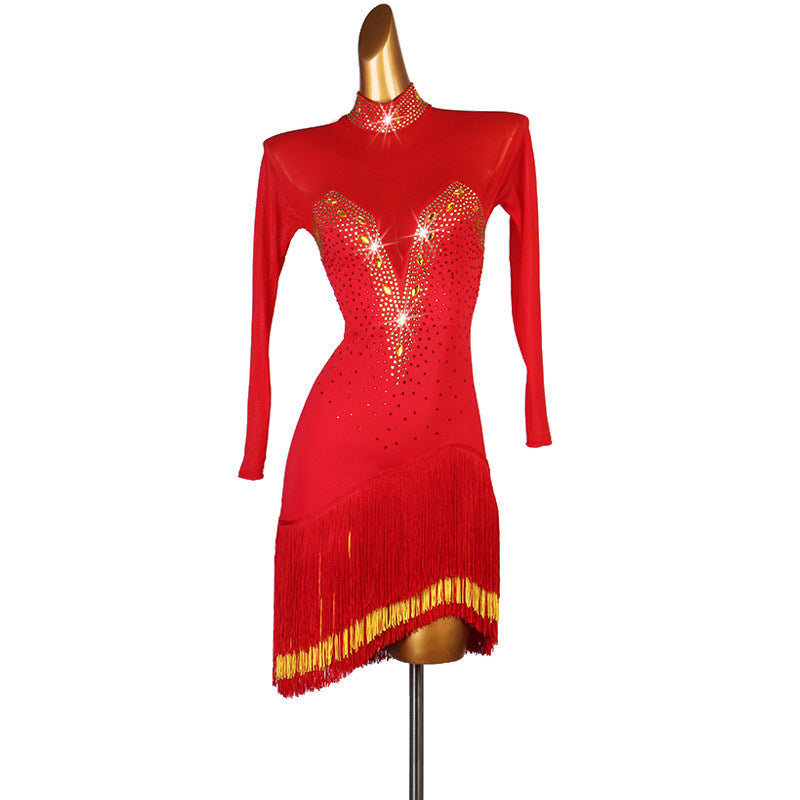 Red latin dance dress with gold crystal panel and gold banded fringe hem