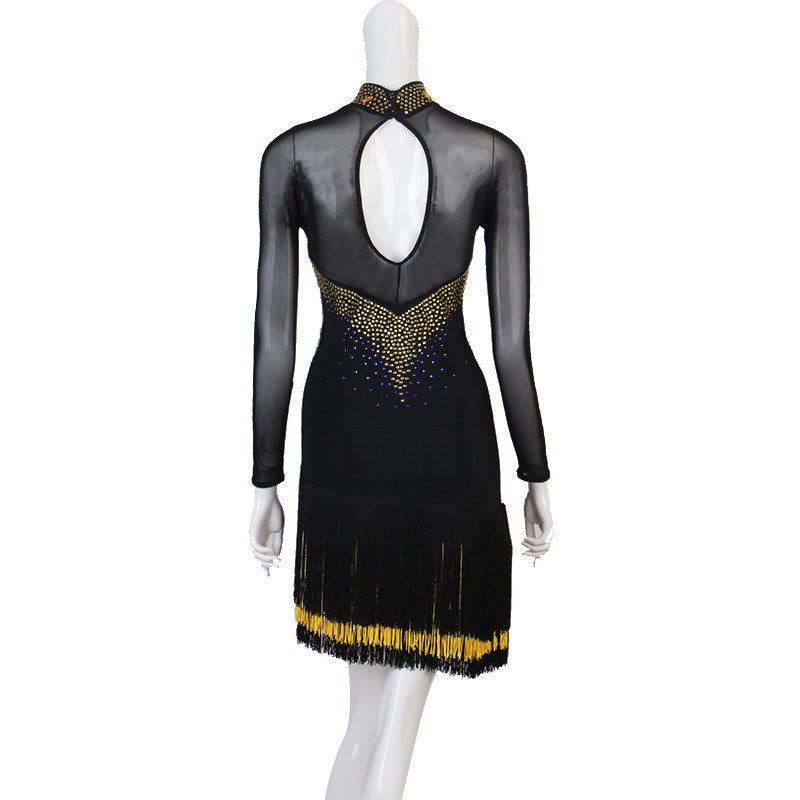 Black latin dance dress rear view showing the keyhole back and fringe