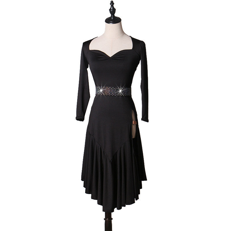Black latin dance dress with sweetheart neckline and long sleeves