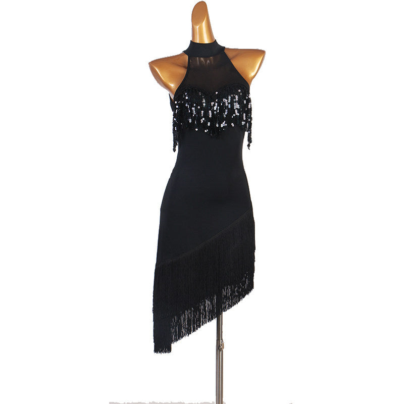 Black sequin fringe latin dance dress angled view with the diagonal hem