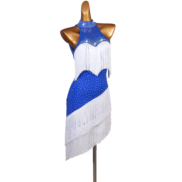 Blue and white latin dance dress with wave seam and white tassel fringe