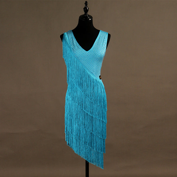 Turquoise latin dance dress with tassel fringe wound on a spiral
