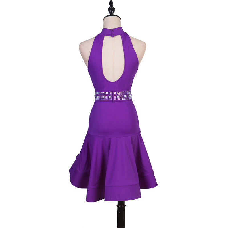 Purple mesh halter latin dance dress rear view showing the keyhole back