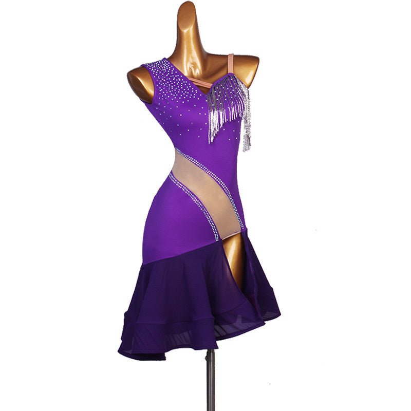 Purple colour block latin dance dress angled view showing the curved panels