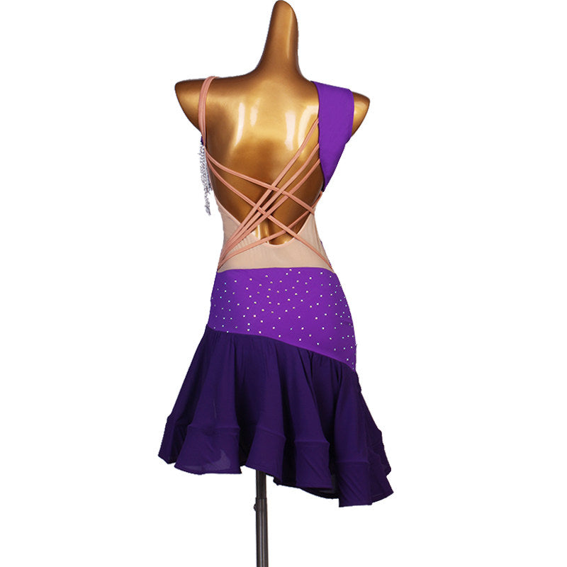 Purple latin dance dress rear view showing the crossed straps