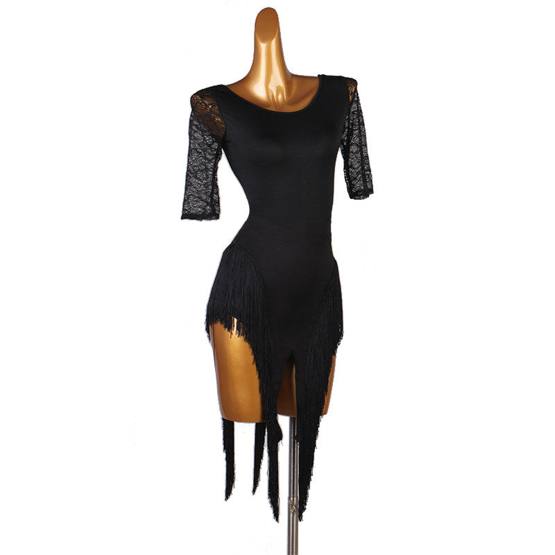 Black lace sleeve latin dance dress side view with the square neckline