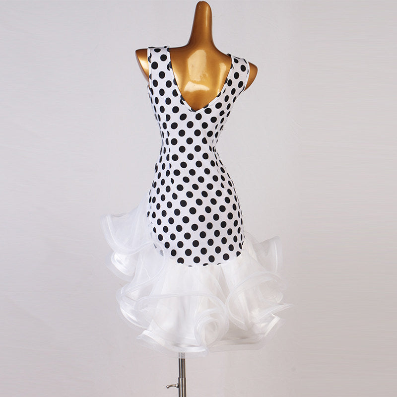 Polka dot latin dance dress rear view with the white organza layers
