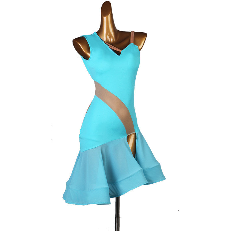 Light blue latin dance dress with nude mesh waist insert and fishtail skirt