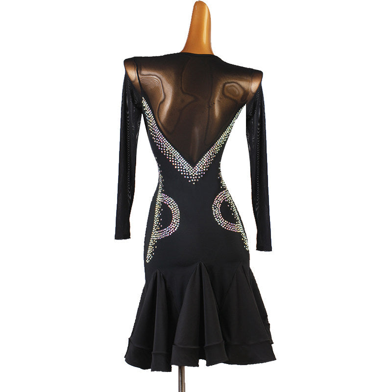 Black bugle fringe latin dance dress rear view showing the stoned back