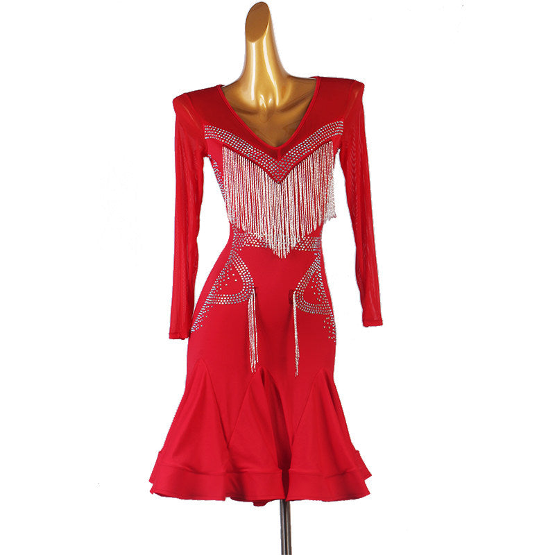 Red latin dance dress with silver bugle bead fringe and crystal panel