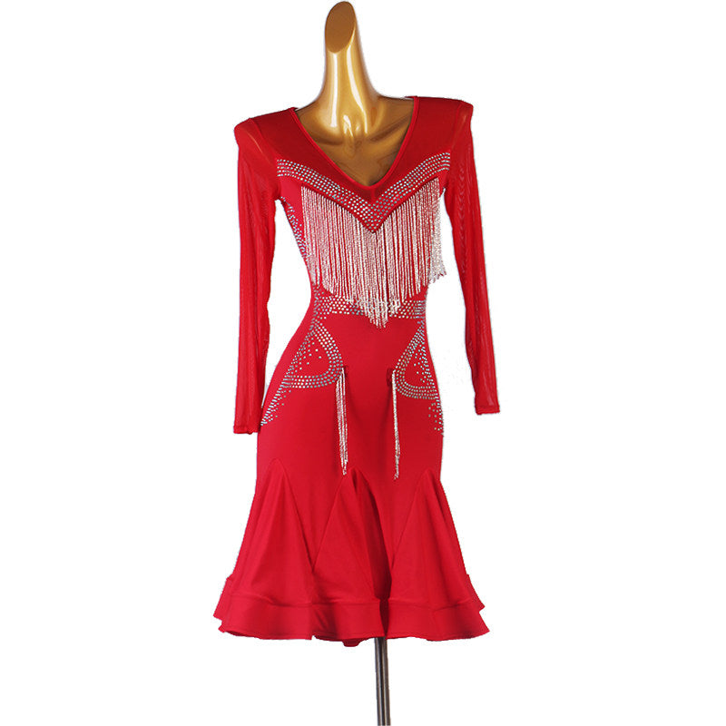 Red bugle fringe latin dance dress rear view with the fishtail hem