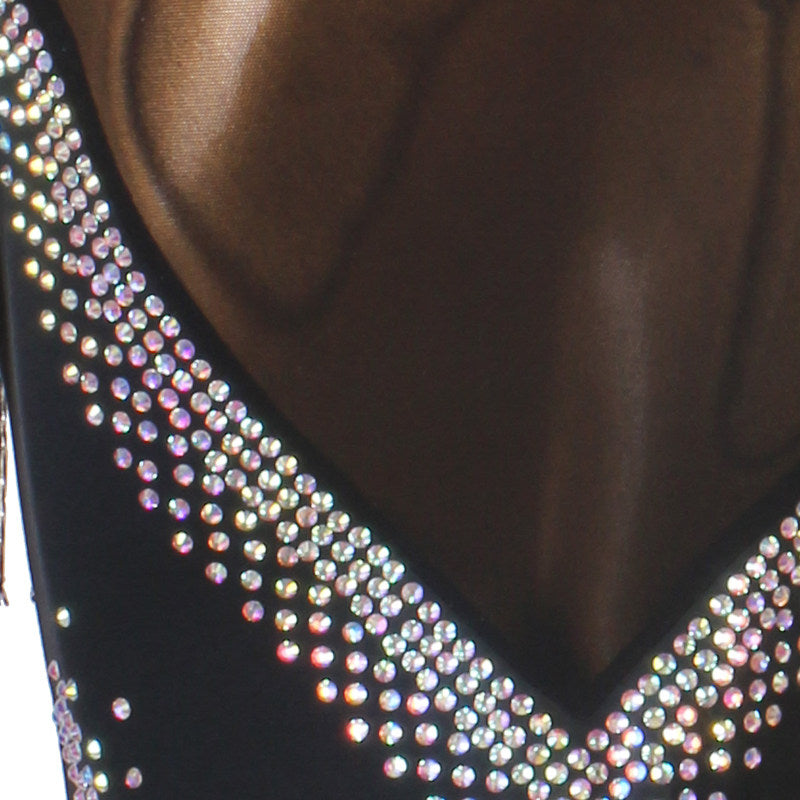 Close view of the crystal panel and bugle bead fringe on black