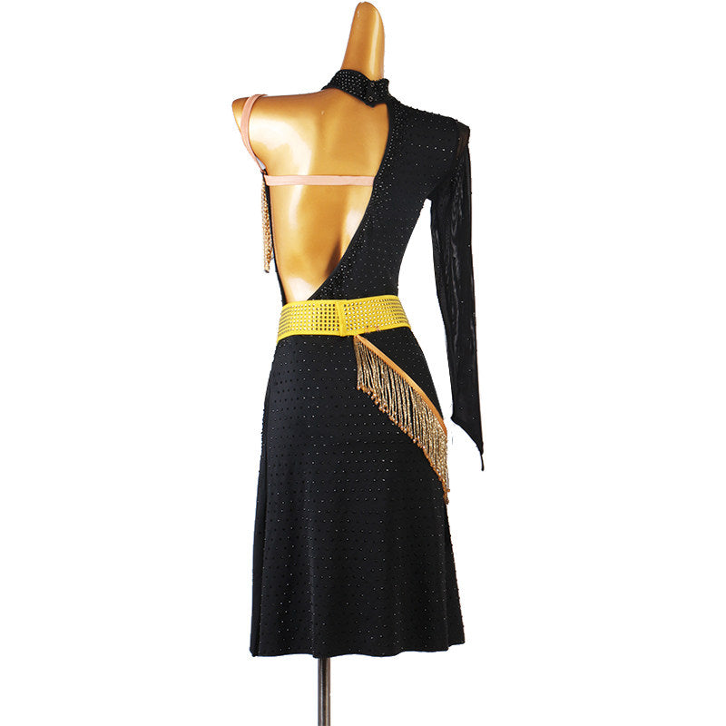 Black gold belt latin dance dress angled view showing the high slit skirt