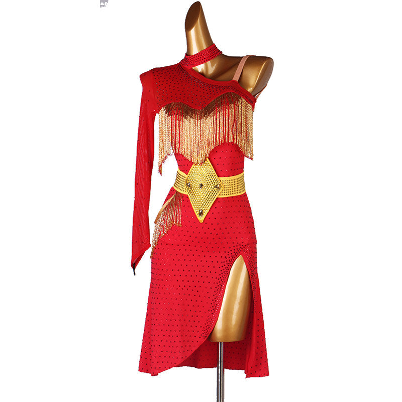 Red gold belt latin dance dress front view with the wrap skirt slit
