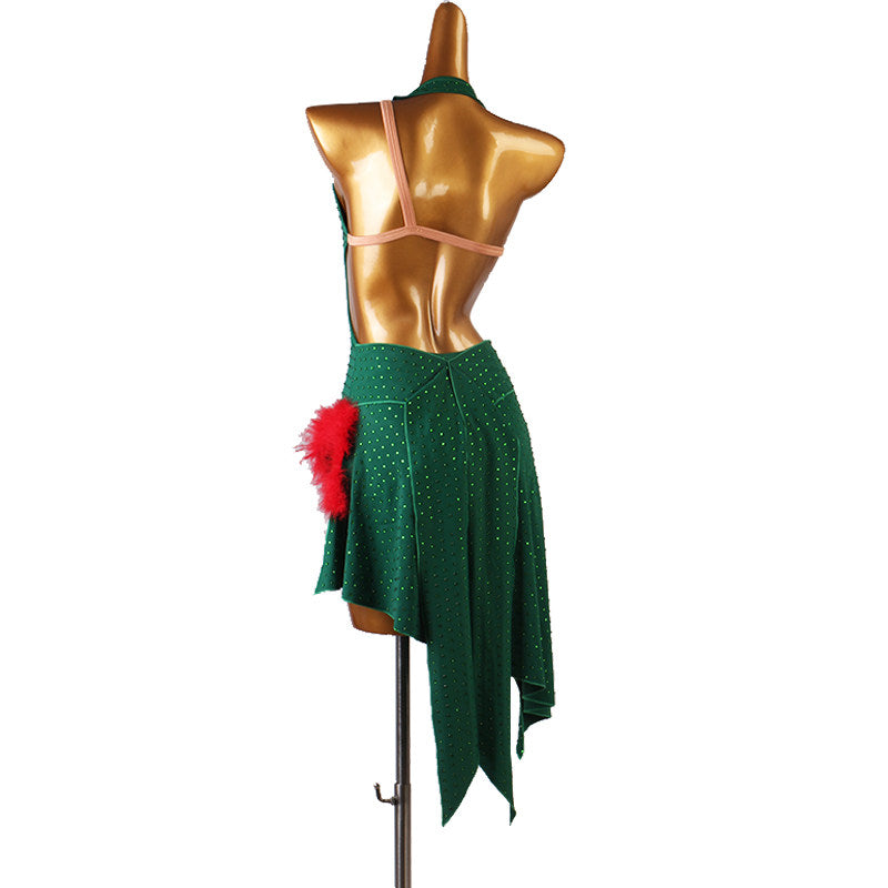 Green feather trim latin dance dress rear view showing the side cutouts