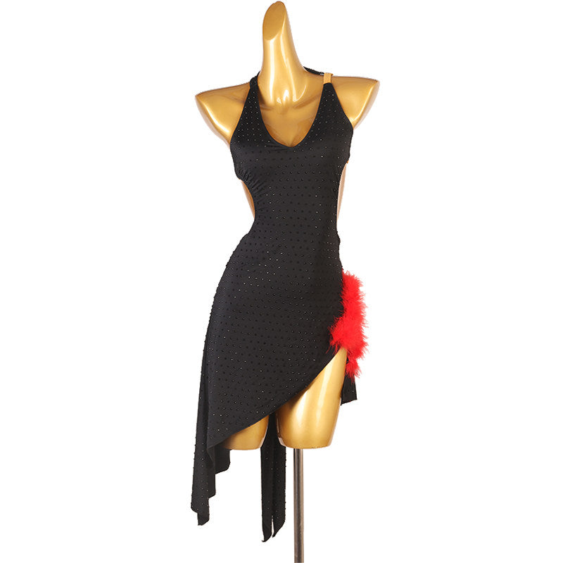 Black latin dance dress with red feather trim and stone covered bodice