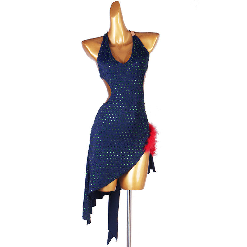 Navy latin dance dress with all over stones and pointed hem