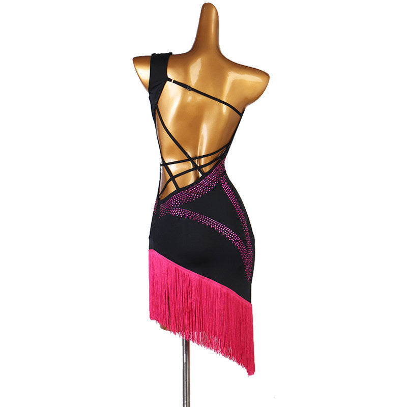 Black and rose red latin dance dress rear view with the crossed straps