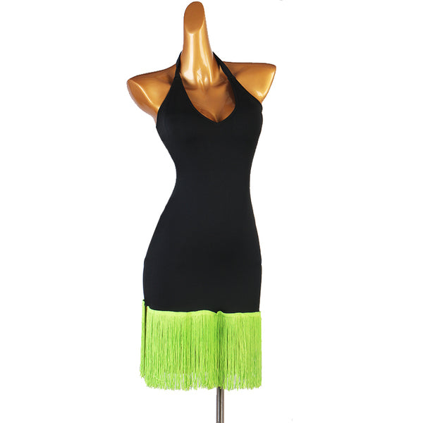Black halter latin dance dress with a wide neon green fringe hem band