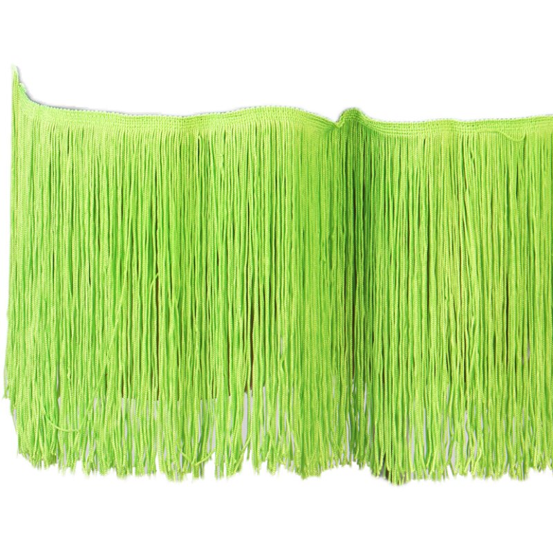 Close view of the neon green tassel fringe band