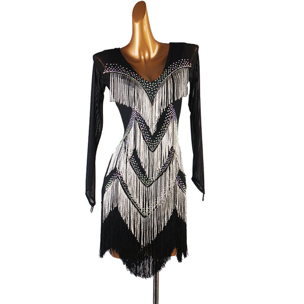 Black latin dance dress with three silver fringe chevrons edged in crystals