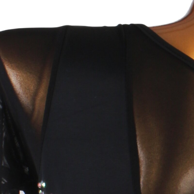 Close view of the mesh sleeve against the black bodice