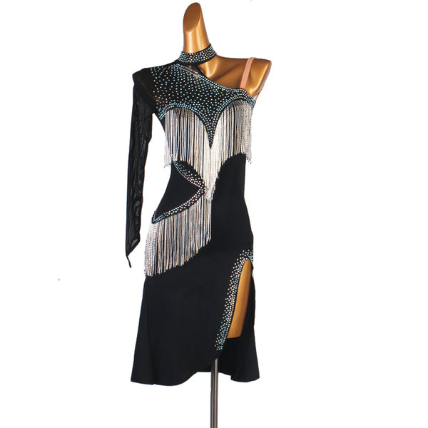 Black latin dance dress with crystal yoke, one long sleeve and silver fringe panel