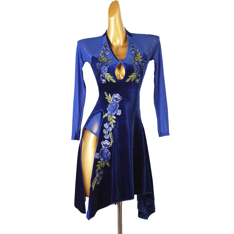 Blue velvet latin dance dress with embroidered roses and handkerchief hem
