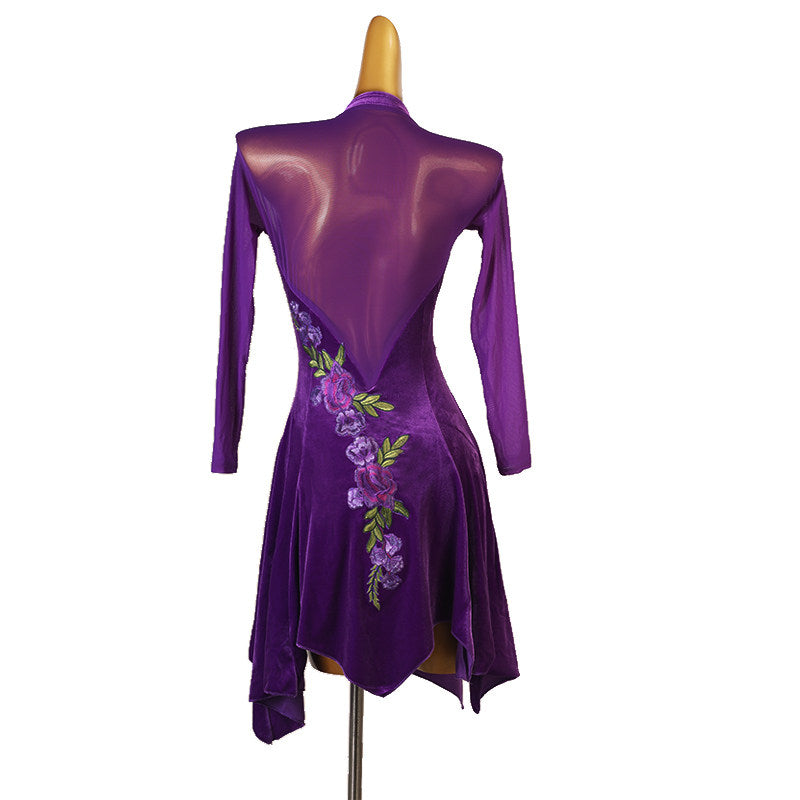 Purple velvet latin dance dress rear view with the pointed hem points