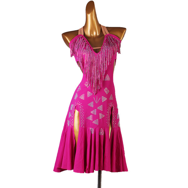 Rose pink latin dance dress with stone triangle motifs and neckline fringe