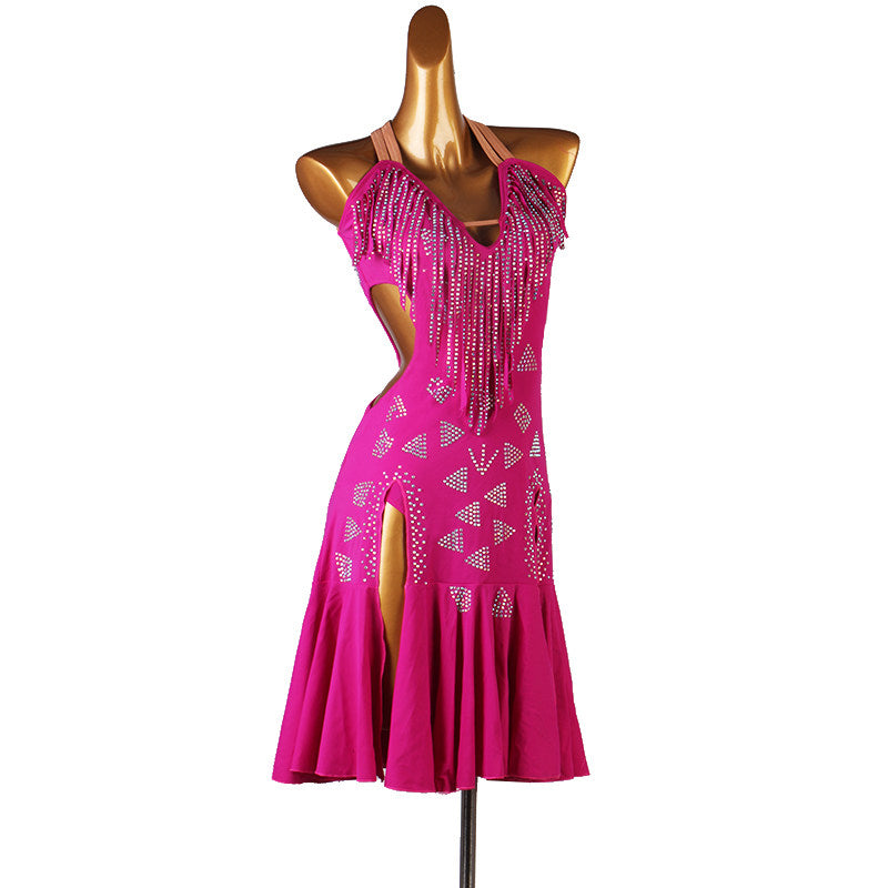 Rose pink latin dance dress rear view showing the fully open back