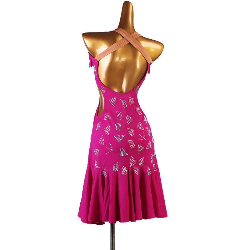 Rose pink latin dance dress angled view with the front slit open