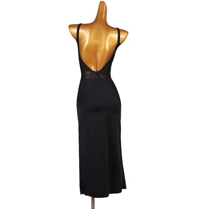 Black camisole latin dance dress rear view showing the low scooped back