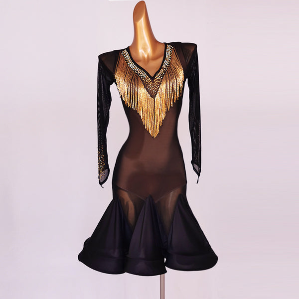 Black latin dance dress with sheer mesh torso and gold bugle fringe yoke