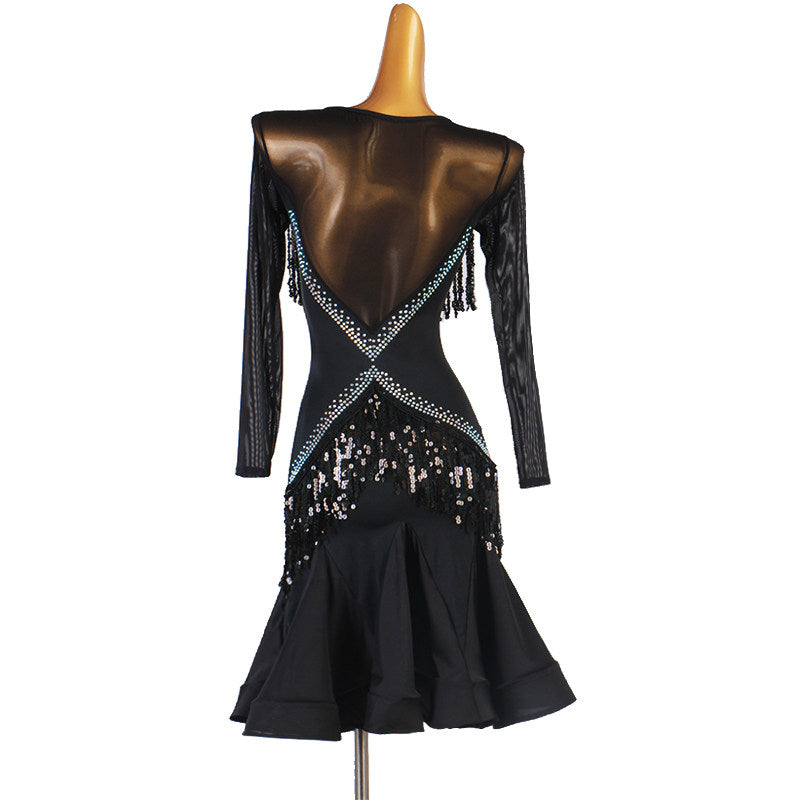 Black sequin fringe latin dance dress rear view showing the crossed bands