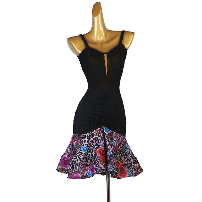 Black latin dance dress with multicolour floral printed flounce hem