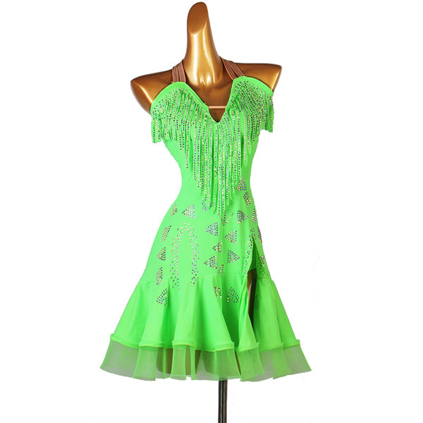 Neon green latin dance dress with fringe V neckline and scattered crystals