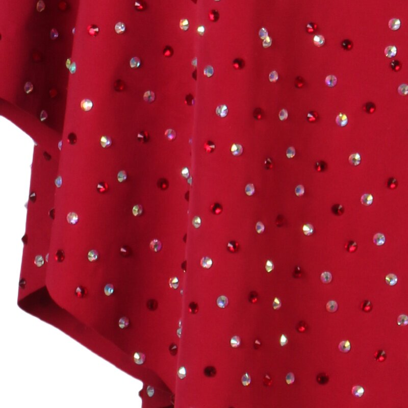 Close view of the crystals set densely across the red skirt