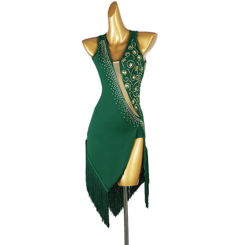 Green latin dance dress with crystal sash and nude mesh insert