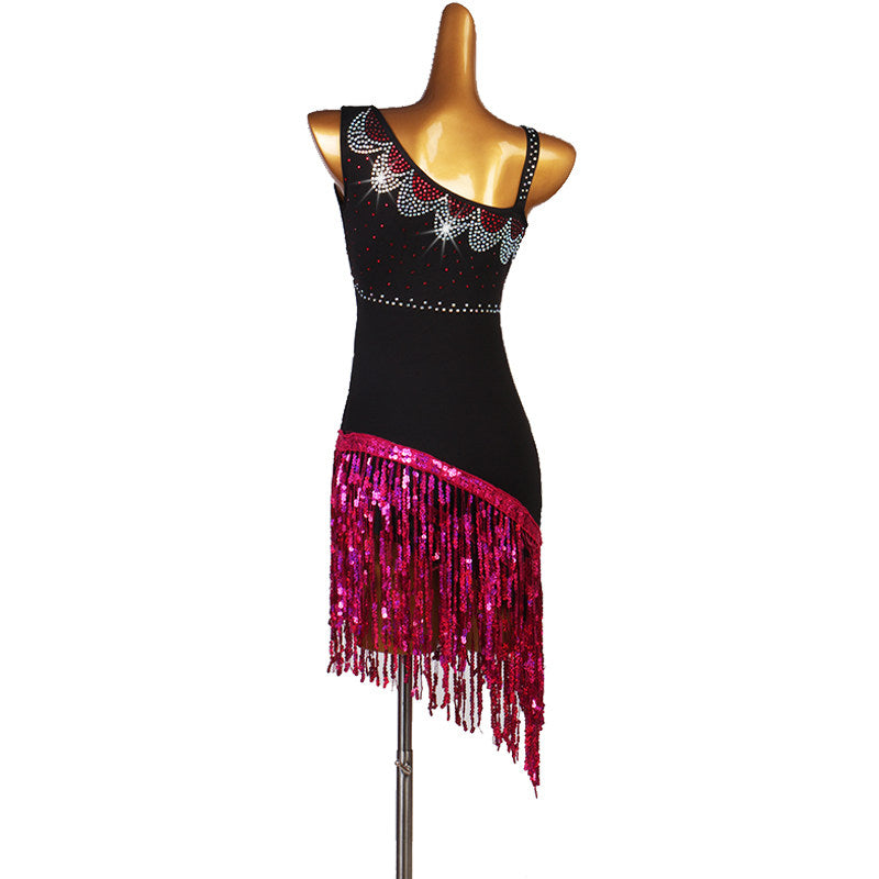 Black and rose latin dance dress angled view showing the stone set straps