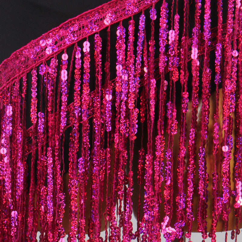 Close view of the rose sequin fringe strands