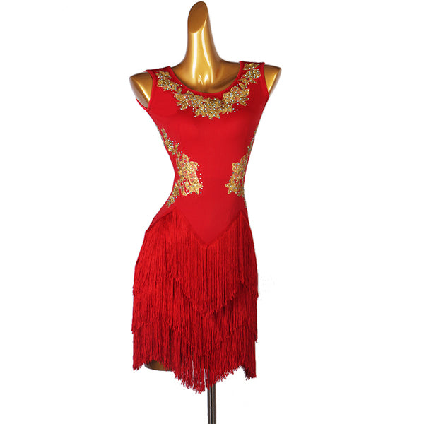 Red latin dance dress with gold lace appliques and tiered tassel fringe skirt